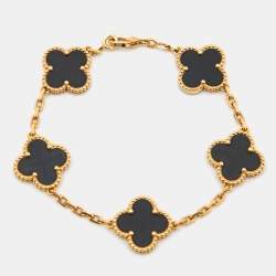Pre Owned Van Cleef & Arpels Vintage Alhambra Onyx 18k Yellow Gold 5 Motif Station Bracelet