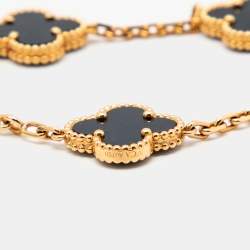 Pre Owned Van Cleef & Arpels Vintage Alhambra Onyx 18k Yellow Gold 5 Motif Station Bracelet