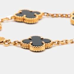 Pre Owned Van Cleef & Arpels Vintage Alhambra Onyx 18k Yellow Gold 5 Motif Station Bracelet