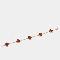 Pre Owned Van Cleef & Arpels Vintage Alhambra Carnelian 18k Yellow Gold 5 Motif Station Bracelet