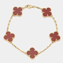 Pre Owned Van Cleef & Arpels Vintage Alhambra Carnelian 18k Yellow Gold 5 Motif Station Bracelet