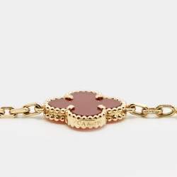 Pre Owned Van Cleef & Arpels Vintage Alhambra Carnelian 18k Yellow Gold 5 Motif Station Bracelet