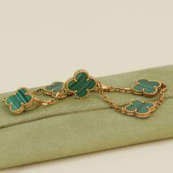 Pre Owned Van Cleef & Arpels 5 Motif Vintage Alhambra Malachite Yellow Gold Bracelet