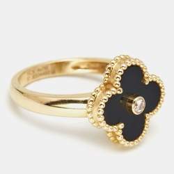 Van Cleef & Arpels Vintage Alhambra Onyx Diamond 18k Yellow Gold Ring Size 57