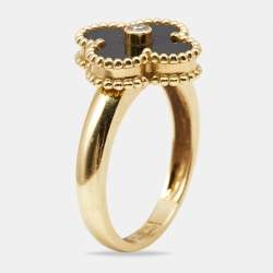 Van Cleef & Arpels Vintage Alhambra Onyx Diamond 18k Yellow Gold Ring Size 57