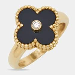 Van Cleef & Arpels Vintage Alhambra Onyx Diamond 18k Yellow Gold Ring Size 57