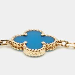 Pre Owned Van Cleef & Arpels Vintage Alhambra Agate 18k Yellow Gold 5 Motif Station Bracelet