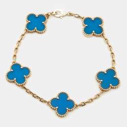 Pre Owned Van Cleef & Arpels Vintage Alhambra Agate 18k Yellow Gold 5 Motif Station Bracelet