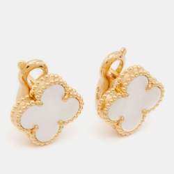 Pre Owned Van Cleef & Arpels Vintage Alhambra Mother of Pearl 18k Yellow Gold Earrings