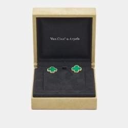 Pre Owned Van Cleef & Arpels Vintage Alhambra Malachite 18k Yellow Gold Stud Earrings