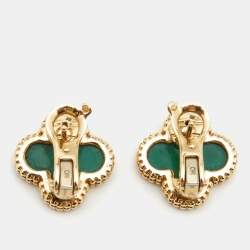 Pre Owned Van Cleef & Arpels Vintage Alhambra Malachite 18k Yellow Gold Stud Earrings