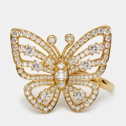 Pre Owned Van Cleef & Arpels Flying Butterfly Between the Finger Diamond 18k Yellow Gold Ring Size 53