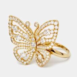 Pre Owned Van Cleef & Arpels Flying Butterfly Between the Finger Diamond 18k Yellow Gold Ring Size 53