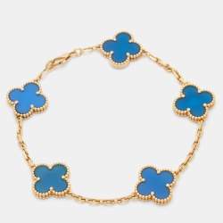 Pre Owned Van Cleef & Arpels Vintage Alhambra 5-Motif Agate 18k Yellow Gold Bracelet