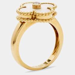 Van Cleef & Arpels Vintage Alhambra Diamond Mother of Pearl 18K Yellow Gold Ring Size 51