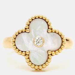 Van Cleef & Arpels Vintage Alhambra Diamond Mother of Pearl 18K Yellow Gold Ring Size 51