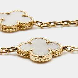 Pre Owned Van Cleef & Arpels Vintage Alhambra Mother of Pearl 18k Yellow Gold 5 Motif Station Bracelet