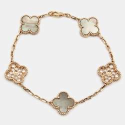 Pre Owned Van Cleef & Arpels Vintage Alhambra Diamonds Mother of Pearl 18k Rose Gold Bracelet