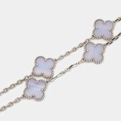 Pre Owned Van Cleef & Arpels Vintage Alhambra Chalcedony 18K White Gold 10 Motif Station Necklace