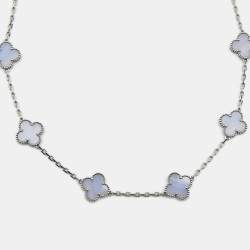 Pre Owned Van Cleef & Arpels Vintage Alhambra Chalcedony 18K White Gold 10 Motif Station Necklace