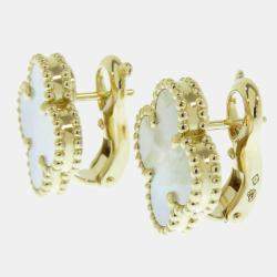 Pre Owned Van Cleef & Arpels Vintage Alhambra 18K Yellow Gold Mother of Pearl Earrings