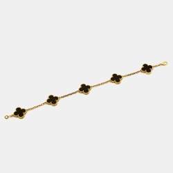 Pre Owned Van Cleef & Arpels Vintage Alhambra Onyx 18k Yellow Gold 5 Motif Station Bracelet