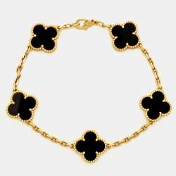 Pre Owned Van Cleef & Arpels Vintage Alhambra Onyx 18k Yellow Gold 5 Motif Station Bracelet