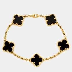 Pre Owned Van Cleef & Arpels Vintage Alhambra Onyx 18k Yellow Gold 5 Motif Station Bracelet