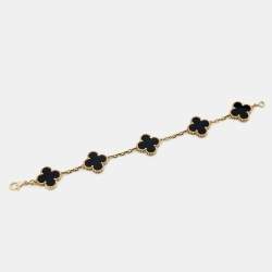 Pre Owned Van Cleef & Arpels Vintage Alhambra Onyx 18k Yellow Gold 5 Motif Bracelet