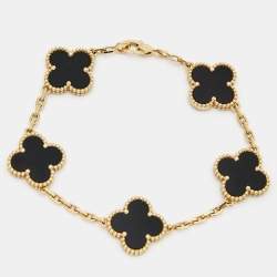 Pre Owned Van Cleef & Arpels Vintage Alhambra Onyx 18k Yellow Gold 5 Motif Bracelet