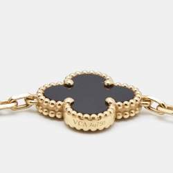 Pre Owned Van Cleef & Arpels Vintage Alhambra Onyx 18k Yellow Gold 5 Motif Bracelet