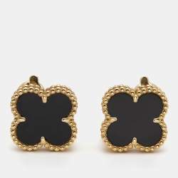 Pre Owned Van Cleef & Arpels Vintage Alhambra Onyx 18k Yellow Gold Earrings