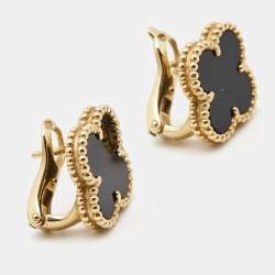 Pre Owned Van Cleef & Arpels Vintage Alhambra Onyx 18k Yellow Gold Earrings