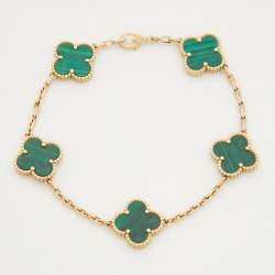 Pre Owned Van Cleef & Arpels Vintage Alhambra Malachite 18k Yellow Gold 5 Motif Station Bracelet
