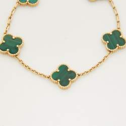 Pre Owned Van Cleef & Arpels Vintage Alhambra Malachite 18k Yellow Gold 5 Motif Station Bracelet