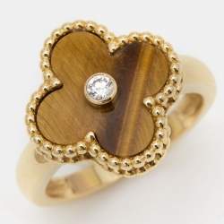Pre Owned Van Cleef & Arpels Vintage Alhambra Tiger's Eye Diamond 18k Yellow Gold Ring Size 51