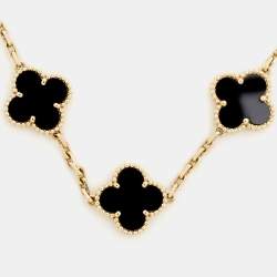 Pre Owned Van Cleef & Arpels Vintage Alhambra Onyx 18k Yellow Gold 5 Motif Station Bracelet