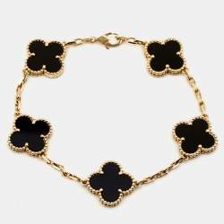 Pre Owned Van Cleef & Arpels Vintage Alhambra Onyx 18k Yellow Gold 5 Motif Station Bracelet