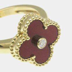 Van Cleef & Arpels 18K Yellow Gold, Diamond and Carnelian Vintage Alhambra Ring EU 53