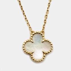 Pre Owned Van Cleef & Arpels Vintage Alhambra Mother of Pearl 18k Yellow Gold Necklace