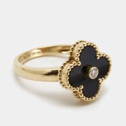 Pre Owned Van Cleef & Arpels Vintage Alhambra Onyx Diamond 18k Yellow Gold Ring Size 54