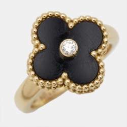 Pre Owned Van Cleef & Arpels Vintage Alhambra Onyx Diamond 18k Yellow Gold Ring Size 54