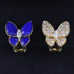 Van Cleef & Arpels 18K Yellow Gold, Diamond and Lapis Lazuli Two Butterfly Stud Earrings