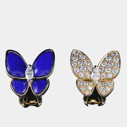 Van Cleef & Arpels 18K Yellow Gold, Diamond and Lapis Lazuli Two Butterfly Stud Earrings
