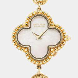 Pre Owned Van Cleef & Arpels White 18K Yellow Gold Alhambra VCARO40T00 Women's Wristwatch 26mm