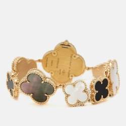 Pre Owned Van Cleef & Arpels Mother Of Pearl Onyx 18K Yellow Gold Small Model Alhambra VCARO40P00 Women's Wristwatch 26 mm