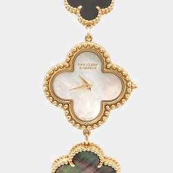 Pre Owned Van Cleef & Arpels Mother Of Pearl Onyx 18K Yellow Gold Small Model Alhambra VCARO40P00 Women's Wristwatch 26 mm