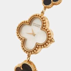 Pre Owned Van Cleef & Arpels Mother Of Pearl Onyx 18K Yellow Gold Small Model Alhambra VCARO40P00 Women's Wristwatch 26 mm