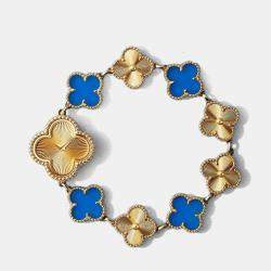 Pre Owned Van Cleef & Arpels VCARPBLZ00 Alhambra Blue Agate Yellow Gold Quartz Watch 23 mm