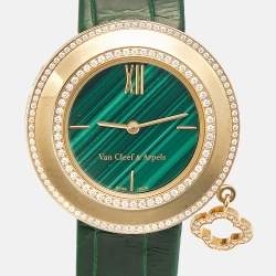 Pre Owned Van Cleef & Arpels Charms VCARO8NR00 Green Dial 18k Rose Gold Diamond Malachite Alligator Leather Women's Wristwatch 32 mm